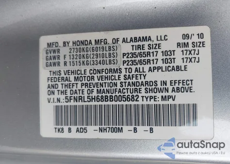 2011 Honda Odyssey Ex-L from USA, damaged, VIN 5FNRL5H68BB005682